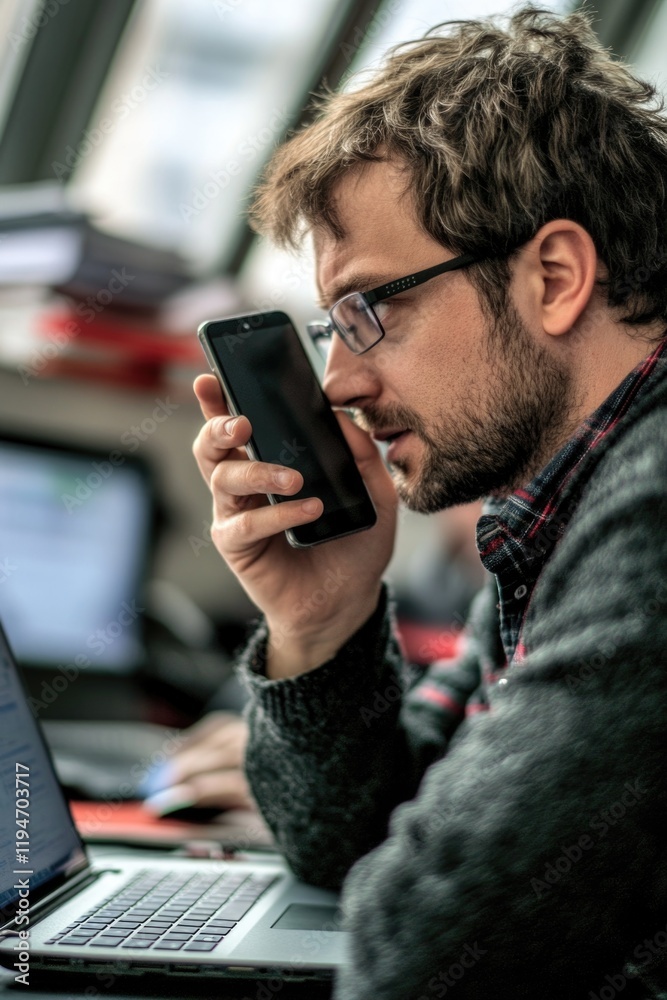 Aufkleber A person using their mobile device to make a call while seated at a computer