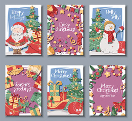 Set of Christmas greeting cards with Santa Claus, snowman, gifts, a wreath, gift box, a garland, and confetti on a pink background in a flat cartoon style. Vector illustration for poster, banner, invi
