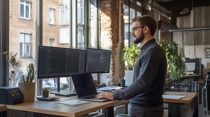 Man coding at his modern office workstation using dual monitors