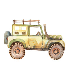Naklejka premium Watercolor cute vintage green safari car for travel and camping clip art element illustration