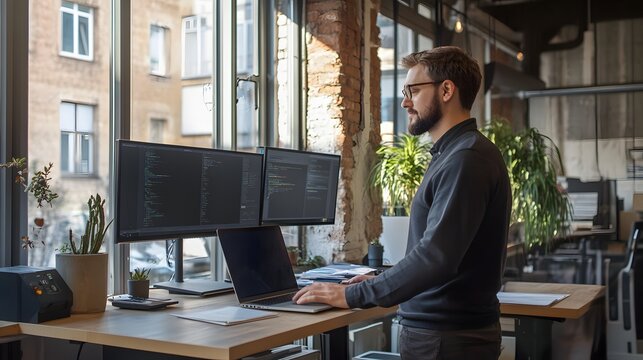 Man coding at his modern office workstation using dual monitors