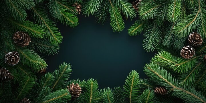 Festive Christmas background with rich green fir tree branches and pine cones framing a dark central area for text placement