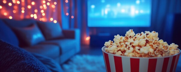 A cinematic popcorn and movie night advertisement with a cozy home theater setup, 4k photo.