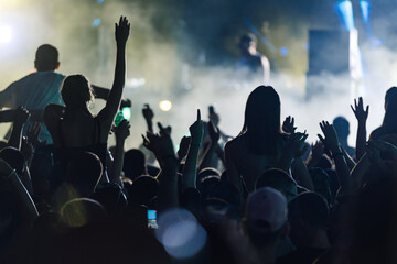 Silhouetted crowd enjoying concert under colorful lights