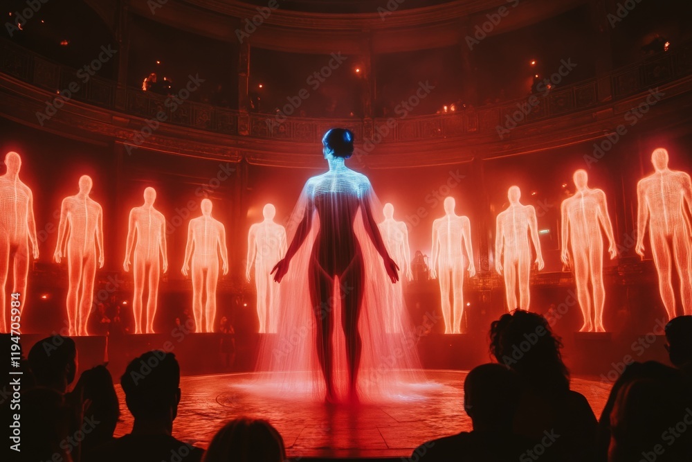 Poster An enthralling display of red holographic human figures in a theater environment, encapsulating the union of art and futuristic projection technologies among spectators.