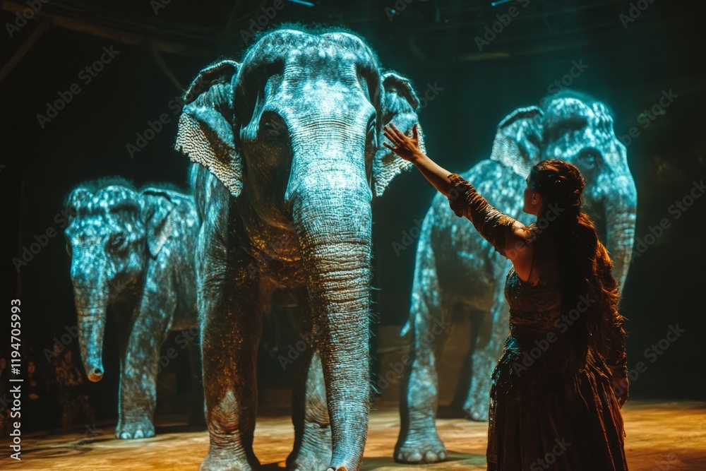 Poster A mesmerizing holographic display of elephants in an arena setting captivates the audience, highlighting the power of digital artistry and innovative projection techniques.
