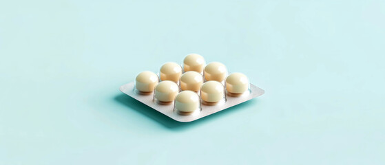 Elegant blister pack containing beige tablets on a soothing light blue backdrop featuring a 3D...