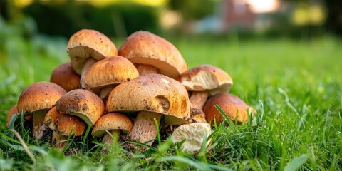 Cluster of harvested boletus mushrooms in vibrant orange and brown shades resting on lush green grass with ample copy space for text.