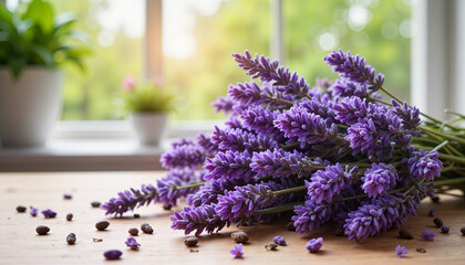 Fototapeta premium Lavender flowers arranged on wooden table by window