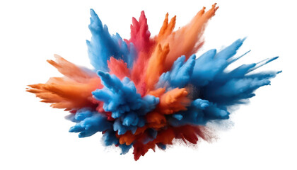 Naklejka premium A large burst of blue, red, and orange powder creating a vivid explosion in the air, isolated on a white transparent background PNG