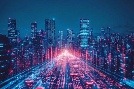 A futuristic glowing highway stretches into a distant skyline, surrounded by a digital, modern city, bridging the gap between technology and human emotion.