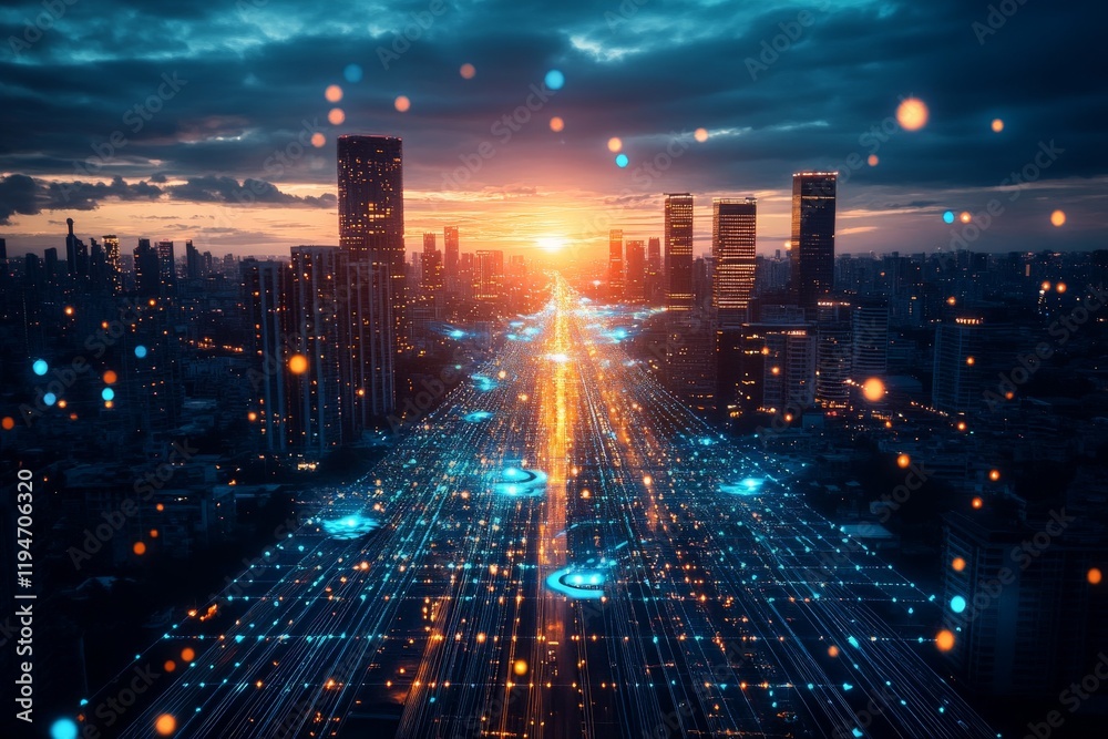Aufkleber A dynamic digital city with a highway illuminated by streams of light and energy, symbolic of technology and modern advancement amid a vibrant cityscape at sunset.