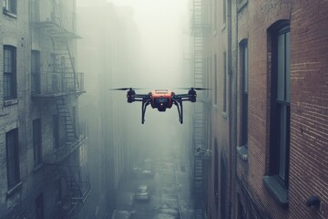 A sleek orange drone is seen hovering in a narrow, foggy alleyway surrounded by tall buildings, creating a sense of futuristic urban exploration and surveillance.