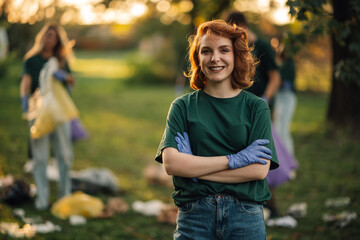 Young woman volunteer smiling with crossed arms wearing gloves picking up trash