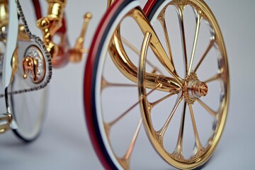 A close-up shot of a gold and red bicycle with detailed components visible