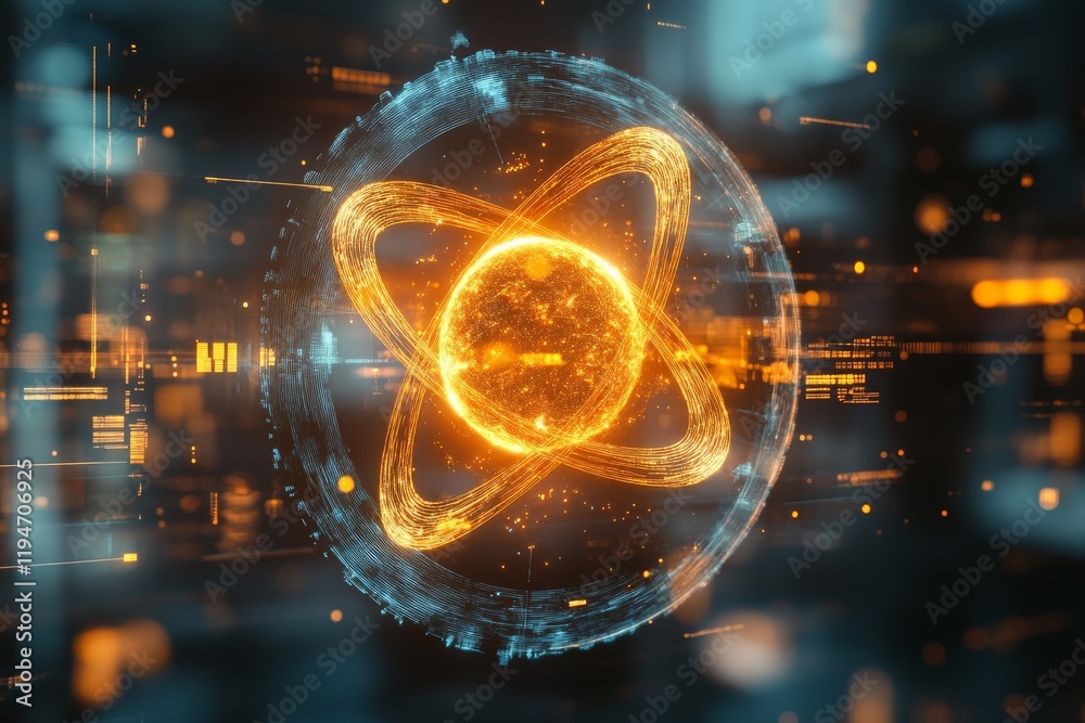 Poster A bright atomic particle is surrounded by a digitally-rendered energy field in a dynamic visualization, capturing the essence of modern scientific inquiry and innovation.