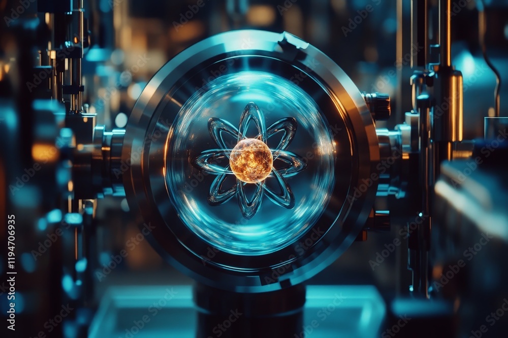 Poster A small, luminous atom is centrally framed within a polished, metallic laboratory apparatus, representing the intersection of science and advanced technology exploration.