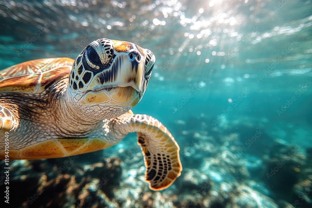 Poster a turtle swimming in the ocean with sunlight shining on it, suitable for use in environmental or mar