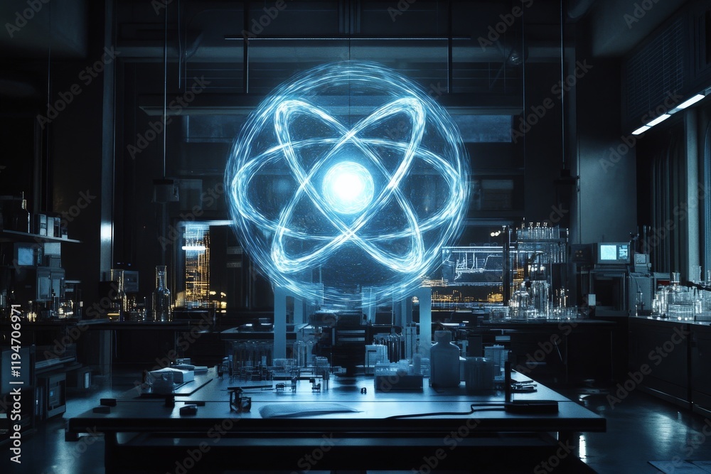 Aufkleber a modern technological laboratory is illuminated by a swirling holographic atom, embodying scientifi