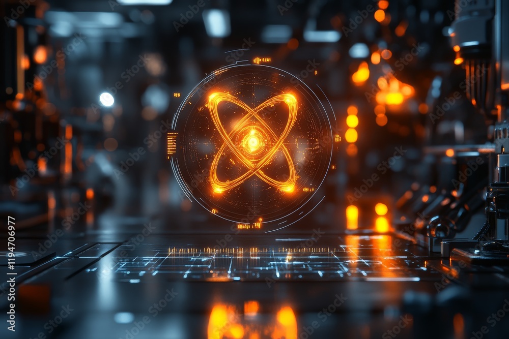 Aufkleber an abstract glowing atom hologram stands out in a futuristic setting, symbolizing the convergence of