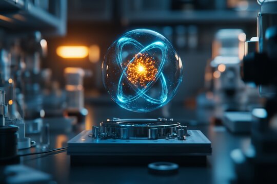 In a laboratory setting, a luminous holographic sphere displays an intricate atomic structure, embodying scientific exploration and futuristic technological innovation.