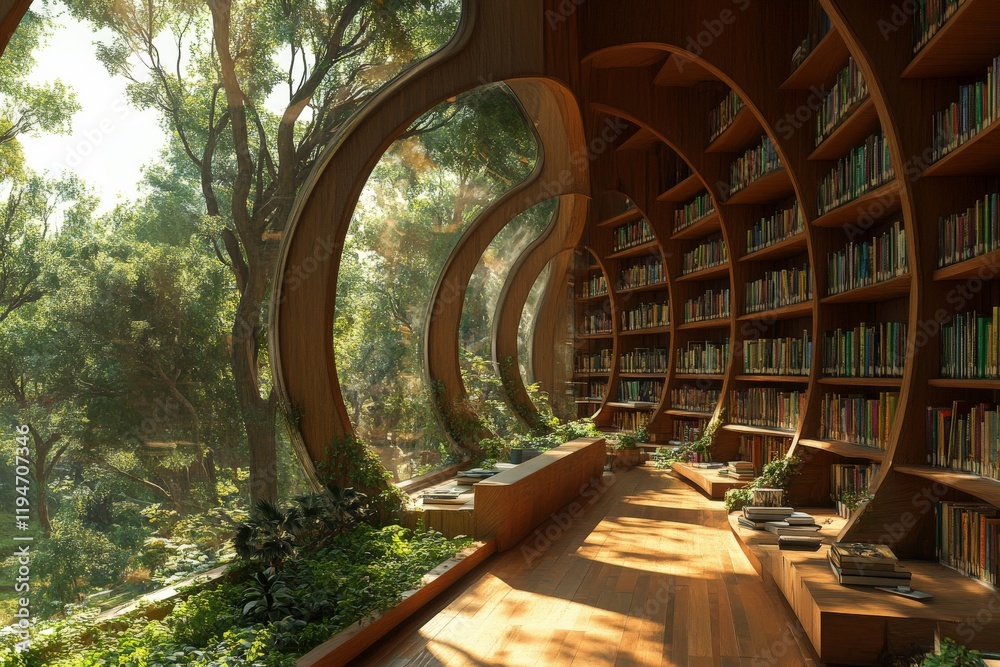 Poster A serene and spacious library with large circular windows, incorporating natural elements and filled with plants, blends nature with reading leisure and tranquility.
