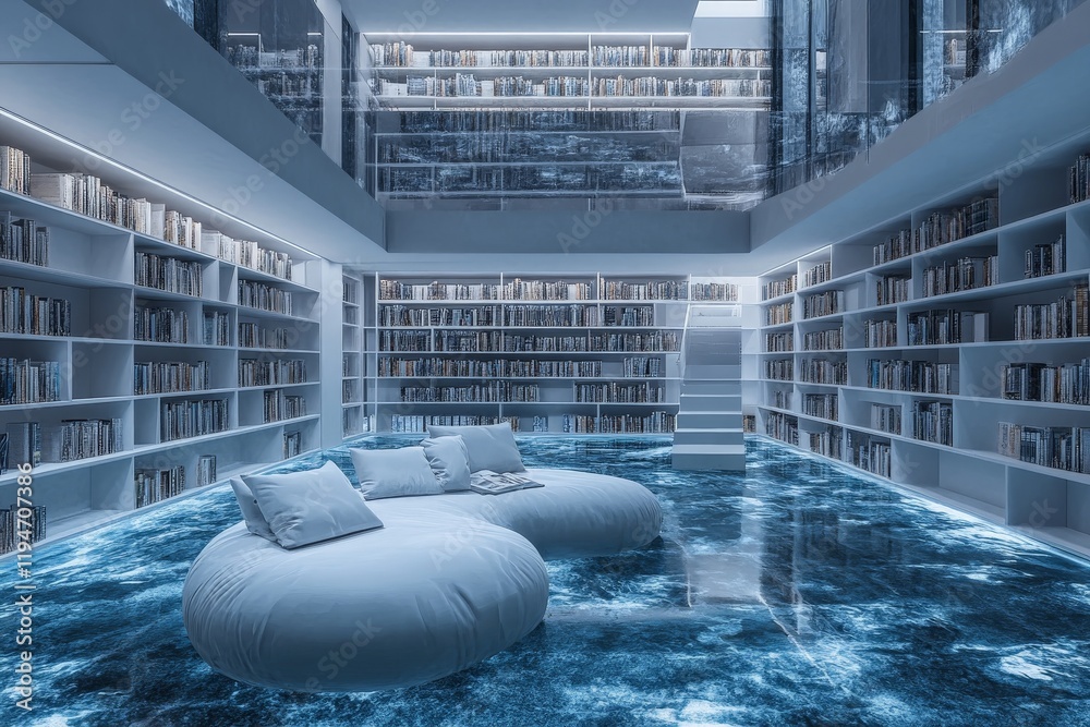 Poster A contemporary library featuring sleek, modern architecture with expansive bookshelves and comfortable seating, creating a serene reading atmosphere.