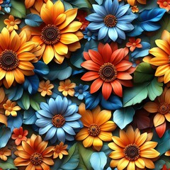 Vibrant Sunflower and Floral Pattern with Rich Colors and Textures for Background or Design Use