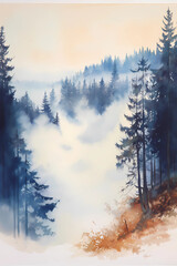 The misty forest. Watercolor illustration