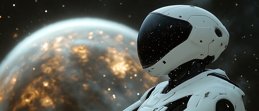 Astronaut robot observing fiery planet.