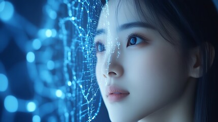 Woman's face overlaid with futuristic blue digital network.