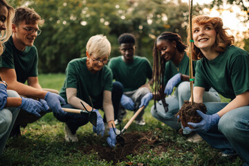 Group of volunteers planting trees in park