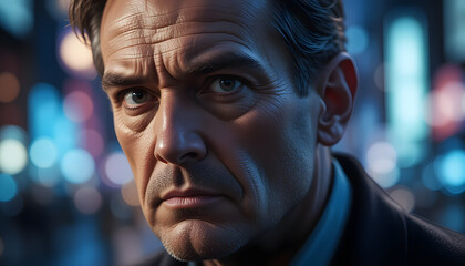 Fototapeta premium Cinematic portrait of a serious middle-aged businessman standing in a city street at night, illuminated by colorful lights, creating a dramatic and mysterious atmosphere