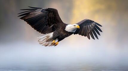Fototapeta premium A majestic eagle soaring gracefully over a misty landscape.