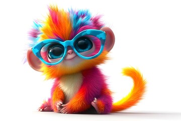 Playful 3D Cartoon Animal in Vibrant Colors and Glasses on White Background