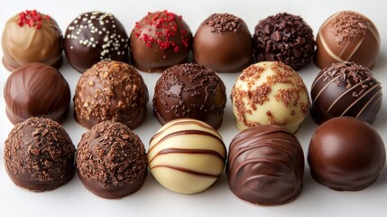 Assorted Chocolate Truffles on White Background with Varied Textures and Toppings for Gourmet Dessert Inspiration and Treat Ideas