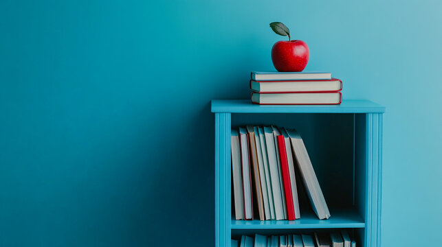 Bright blue bookshelf with stacked books and a red apple on top in a minimalist interior setting