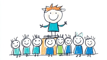 Happy Children Cartoon Illustration of a Leader on Stage Surrounded by Cheerful Friends in Colorful Outfits