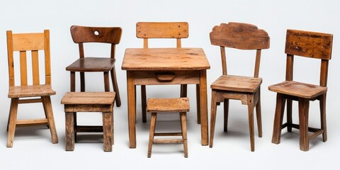 A rustic collection of assorted wooden chairs and a table arranged in a row featuring various shades of brown on a light background