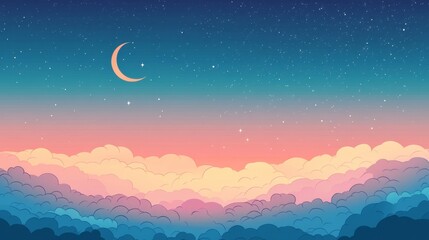 Obraz premium Pastel Cloudscape at Night with Crescent Moon and Stars