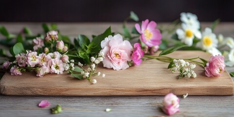 Floral arrangement of pink and white blooms with greenery on a rustic wooden board creating an elegant and natural display on a table