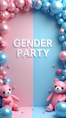 Fototapeta premium 3D Invitation card to the Gender reveal party, pink and blue balloons, bears, flowers, decor.
