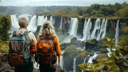 Senior couple with backpacks watching waterfall cascade. Active retirement, adventure tourism - Powered by Adobe