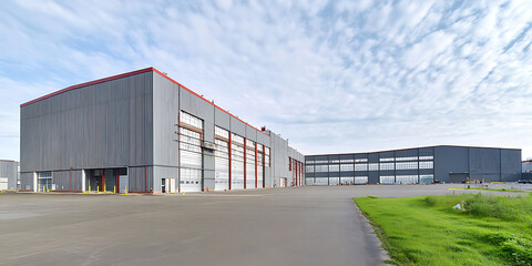 Fototapeta premium Spacious industrial warehouse interior with high ceilings, metal structures, and organized storage spaces, showcasing amazing details and perfect composition in high-definition quality.