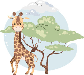 Cute giraffe with acacia and clouds on white background. Vector illustration of african animal for children's card, sticker, print, etc.