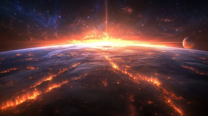 Fototapeta premium Fiery Planet Sunrise Cosmic Inferno Blazing Landscape