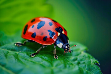 Ladybug, red with black dots green plant leaf. A beautiful brigh