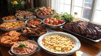 Fototapeta premium Abundant buffet table filled with various dishes, including roasted meat, potato pancakes, salads, and apples, near a bright window.