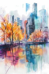 Foggy in the city. Watercolor illustration