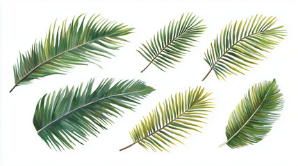 Watercolor set of tropical palm leaves isolated on white background